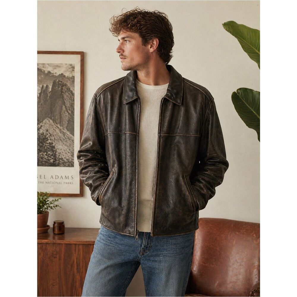 🧥 Eddie Bauer Distressed Leather Jacket Men’s Large Brown Vintage Style